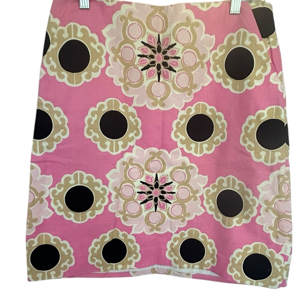 LILLY PULITZER Skirt Sz 6 Pink Tan Black Medallion Print Lined Linen Side Zip - Picture 3 of 13